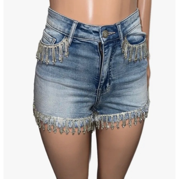 Akira Mashed Potato’s Rhinestone blinged Fringe Shorts Miranda cut off denim 5